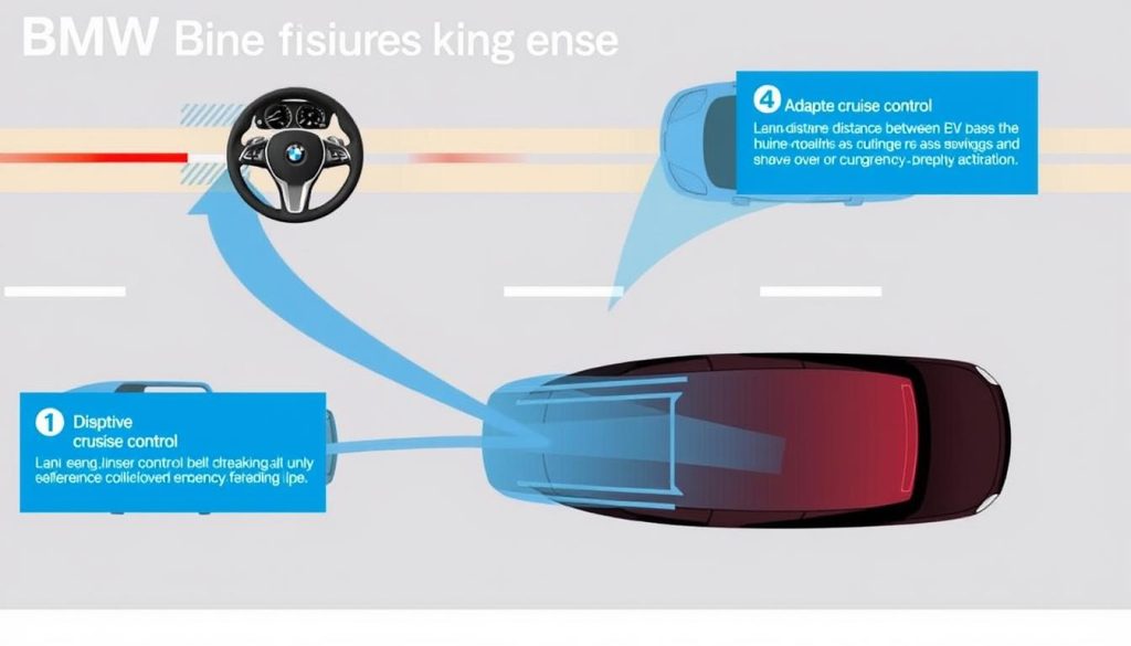 BMW Active Driving Assistant features diagram showing lane keeping, adaptive cruise control and collision avoidance systems