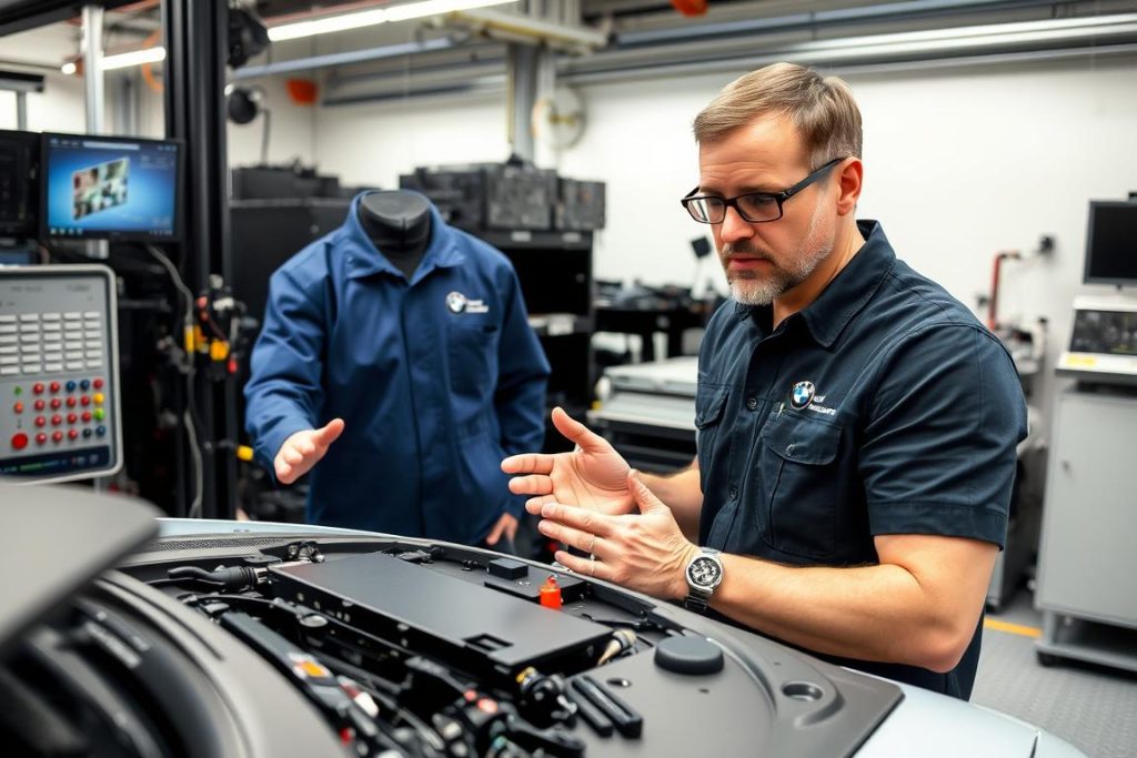 BMW engineer demonstrating Active Driving Assistant sensor calibration
