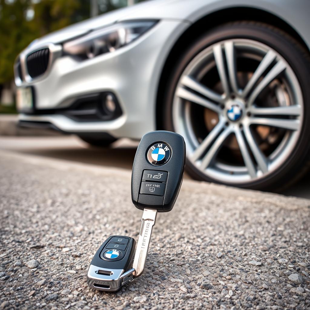 BMW key fob next to a parked BMW