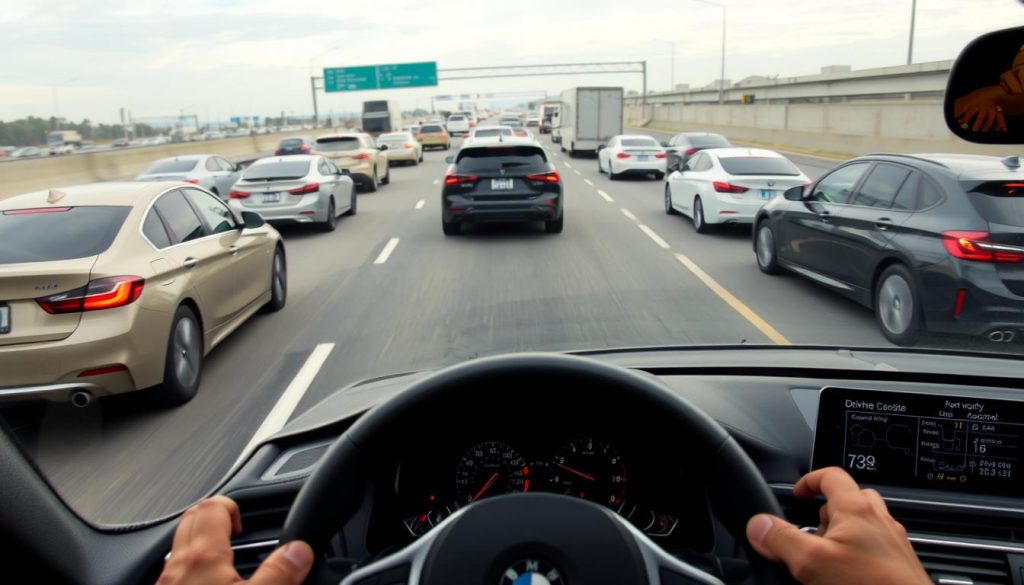 BMW with Active Driving Assistant navigating through heavy highway traffic