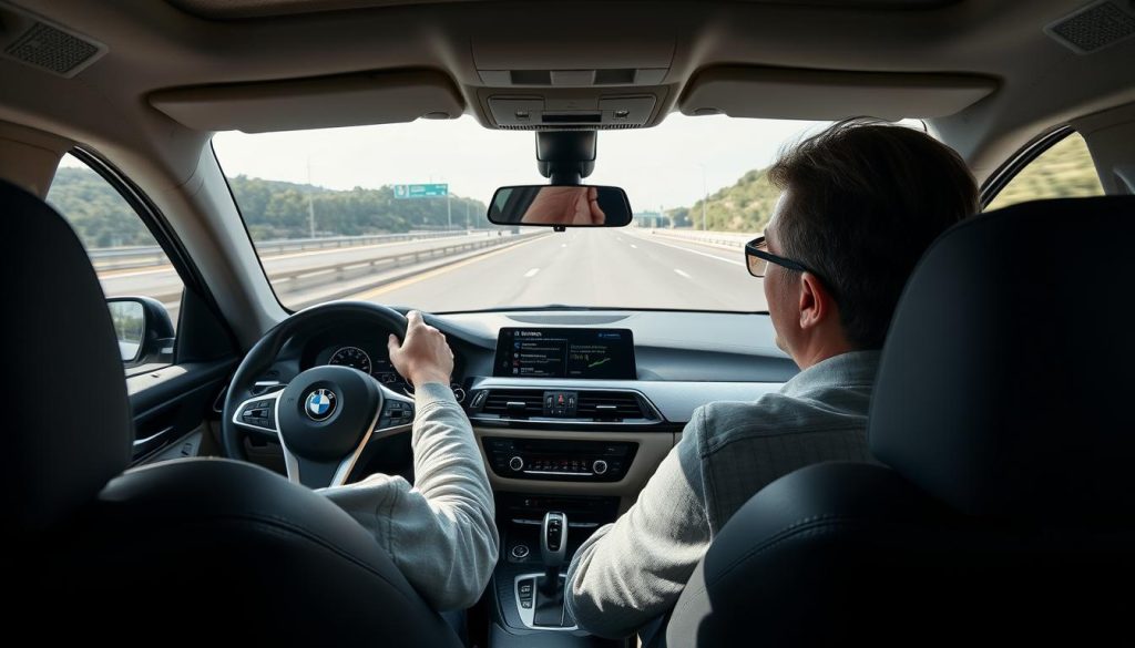 Driver relaxed behind wheel of BMW with Active Driving Assistant engaged on highway