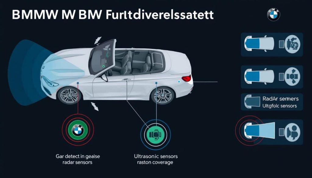 Technical diagram of BMW Active Driving Assistant showing sensor placement and coverage areas