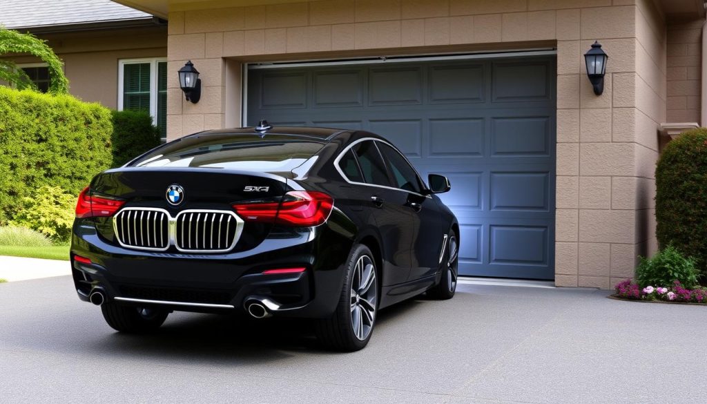 BMW approaching garage with automatic door opening feature