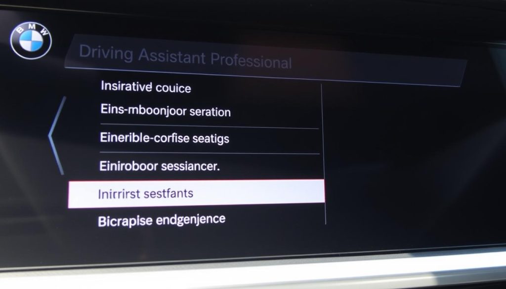 BMW iDrive display showing Driving Assistant Professional package options