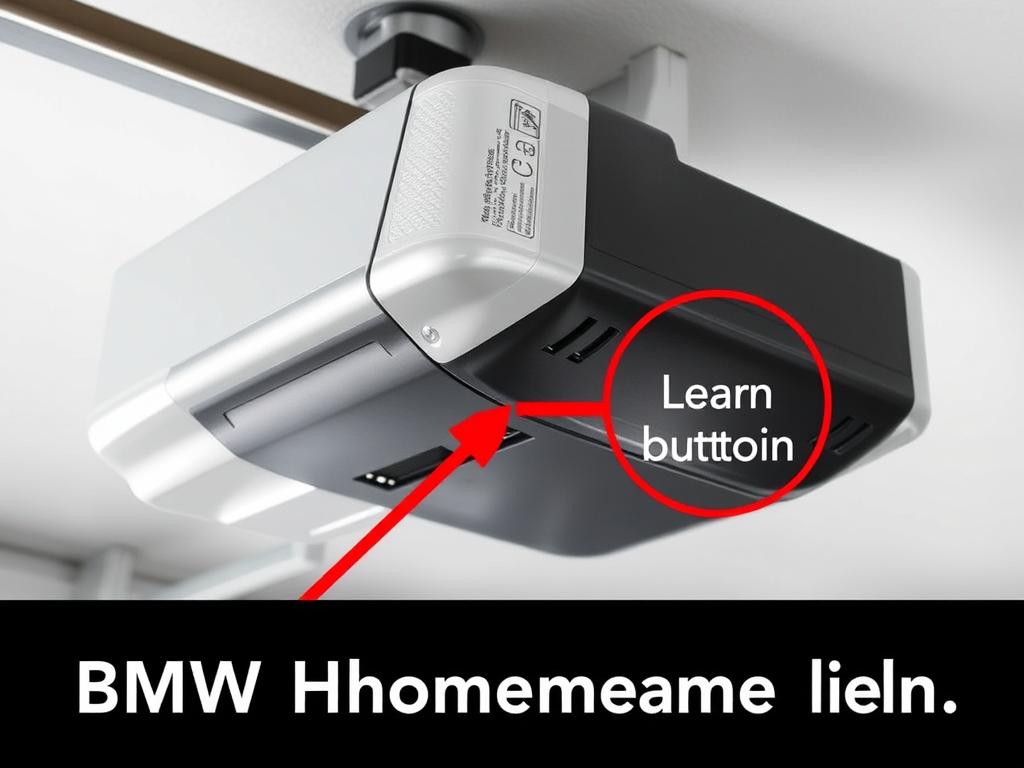 Garage door opener motor unit with Learn button highlighted