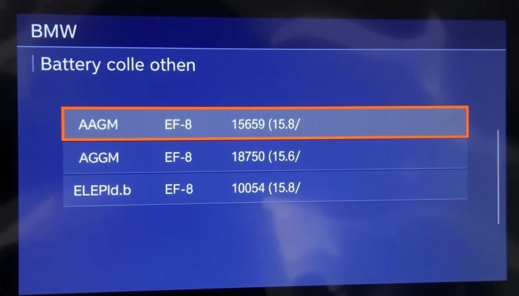 BMW battery coding screen showing different battery types