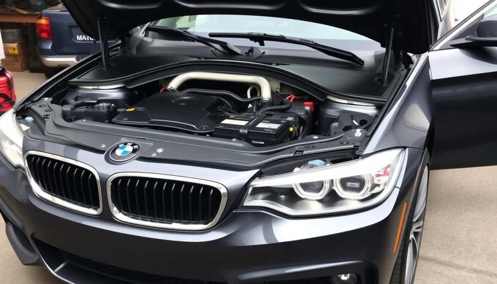 BMW with hood open after successful battery change and computer reset