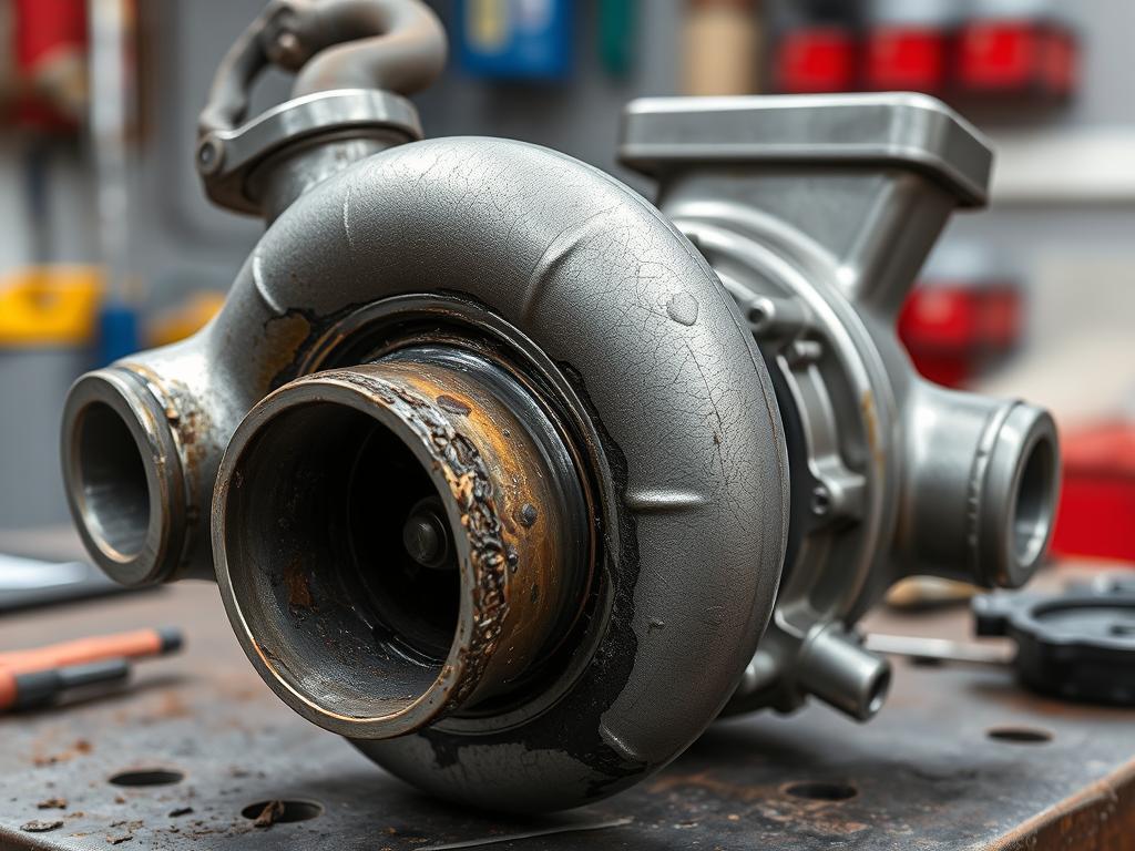 Damaged turbocharger from a Peugeot Puretech engine showing signs of oil starvation