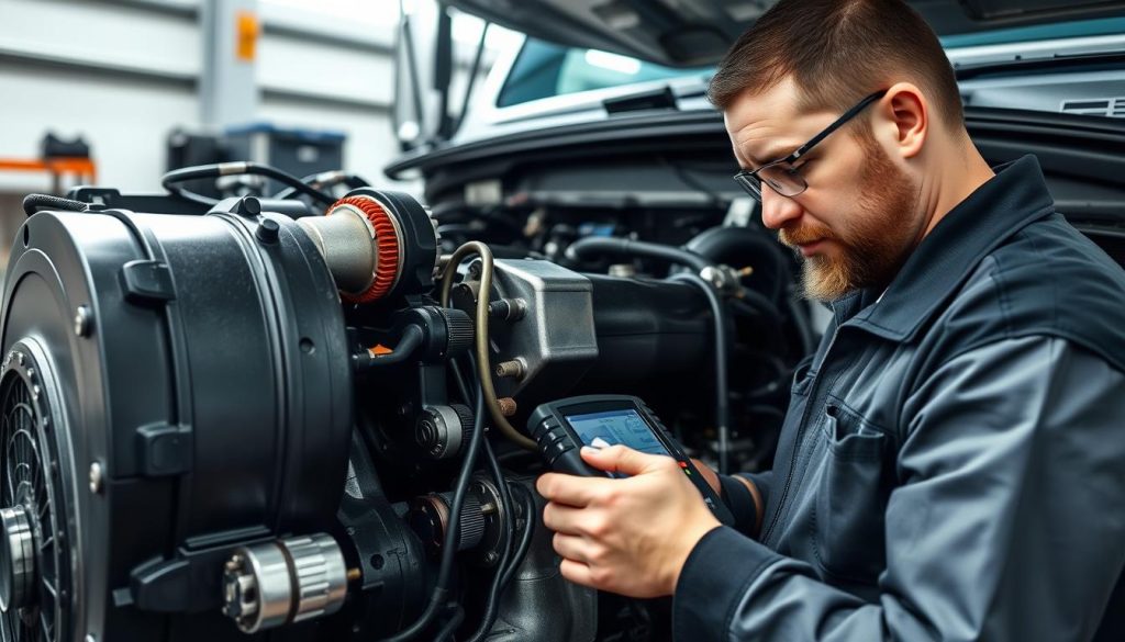 Mechanic performing pre-purchase inspection on a Dodge Cummins diesel engine