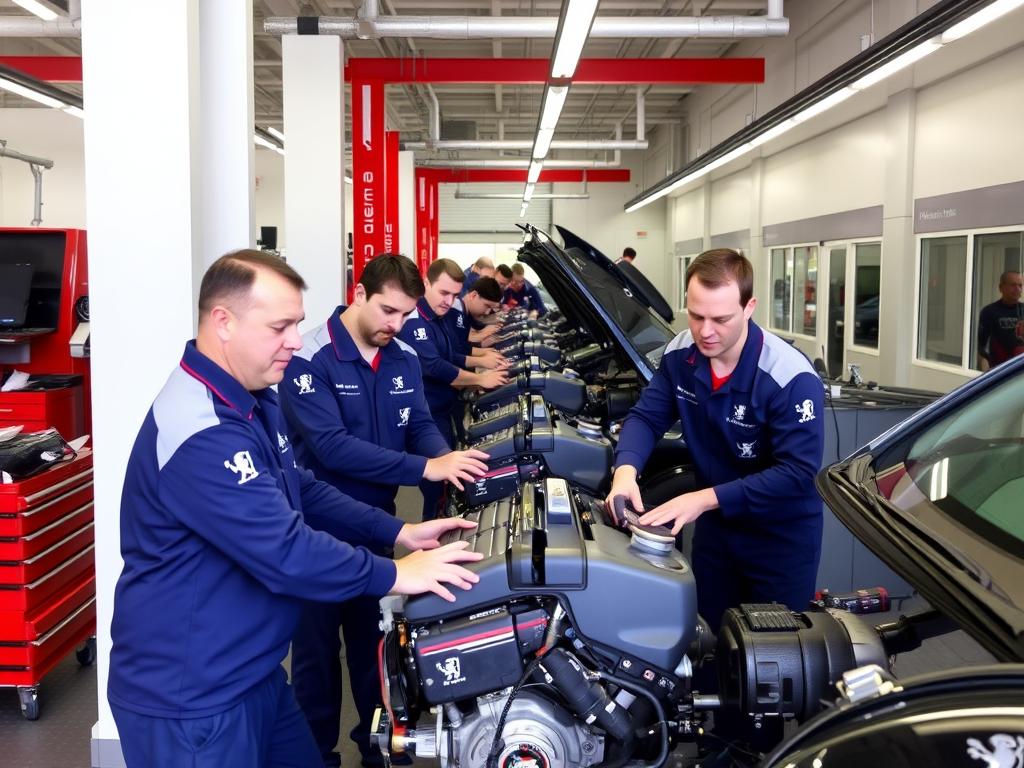 Peugeot service center with technicians working on Puretech engines