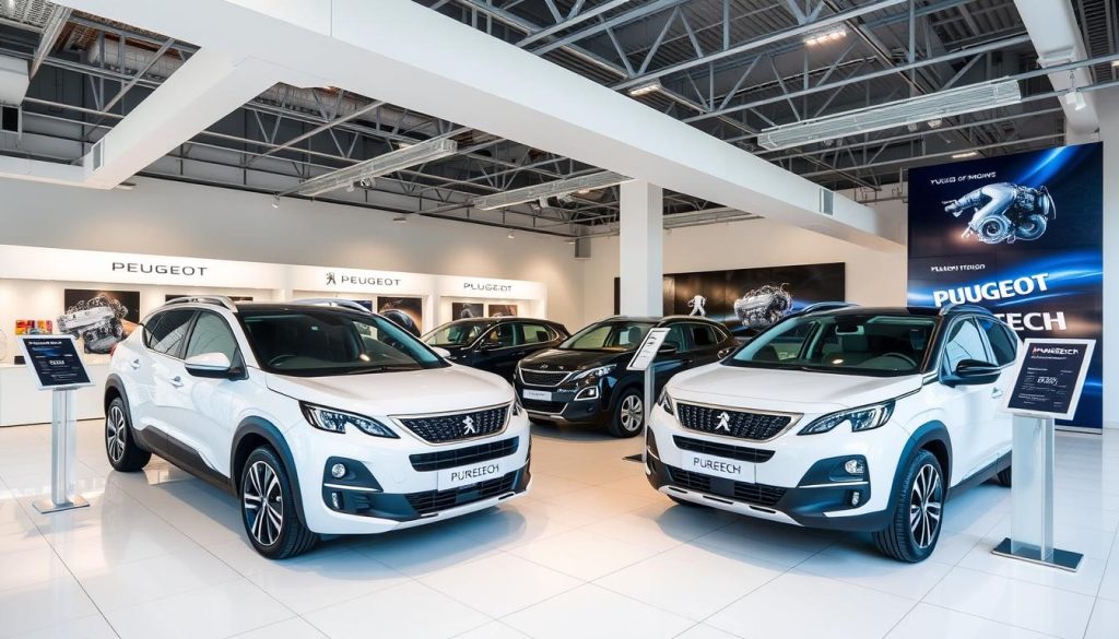 Peugeot showroom with models featuring Puretech engines on display