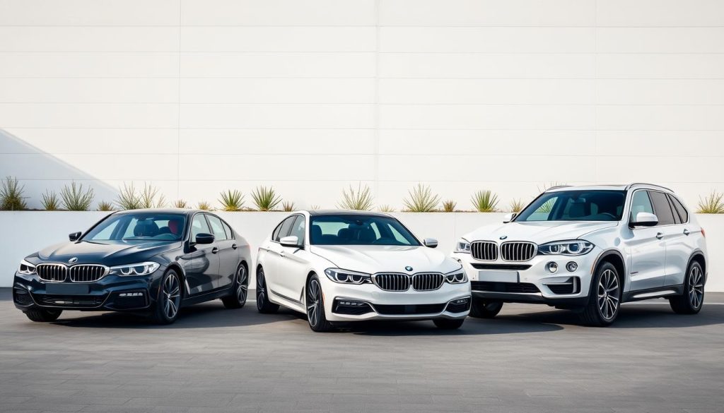 BMW 3-Series, 5-Series, and X5 models parked side by side showing different BMW model lines BMW 3-Series, 5-Series, and X5 models parked side by side showing different BMW model lines