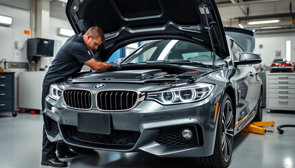 BMW being serviced by a technician in a professional workshop BMW being serviced by a technician in a professional workshop