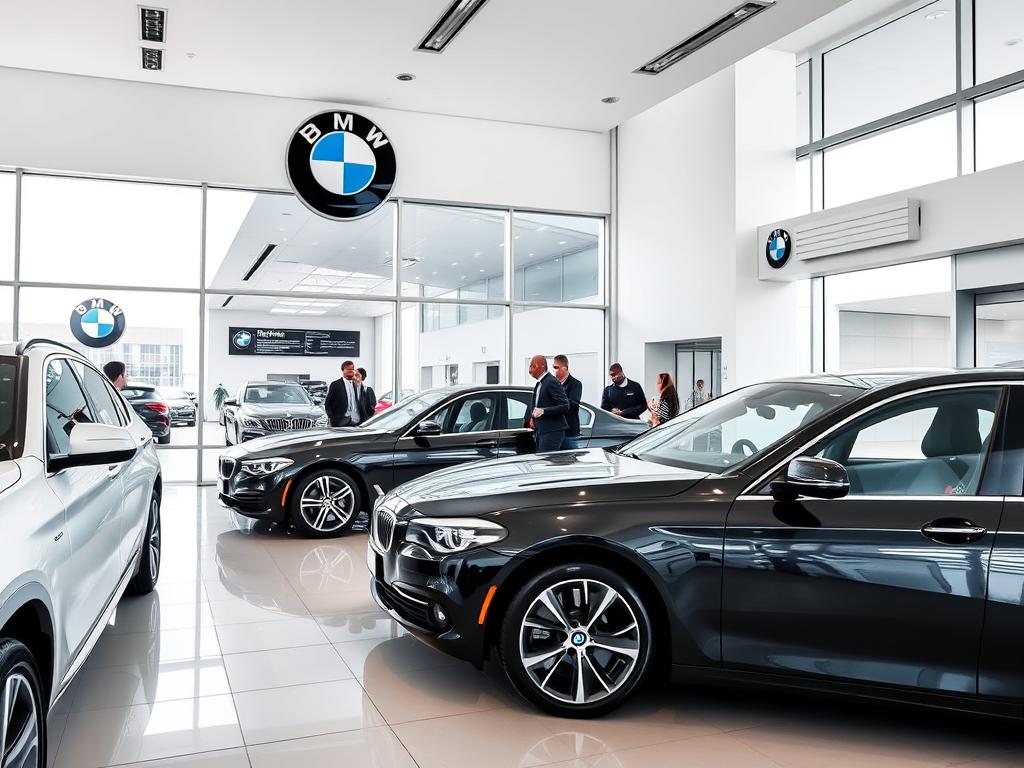 BMW dealership showroom with service center visible BMW dealership showroom with service center visible