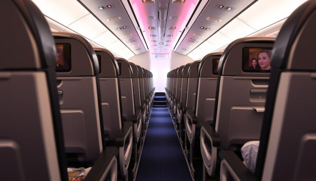 Economy cabin on a Boeing 777-300ER showing the 3-4-3 seating arrangement Economy cabin on a Boeing 777-300ER showing the 3-4-3 seating arrangement