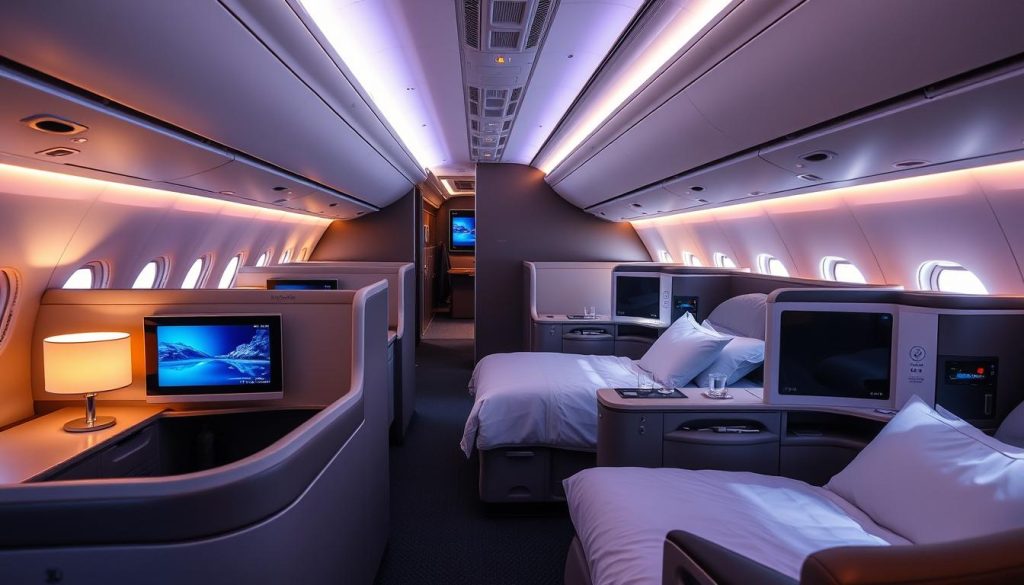 Modern Business Class cabin on a Boeing 777-300ER with private suites Modern Business Class cabin on a Boeing 777-300ER with private suites