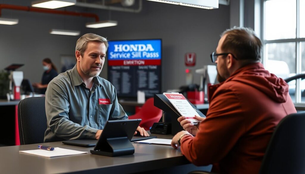 Honda service advisor discussing maintenance options with customer Honda service advisor discussing maintenance options with customer